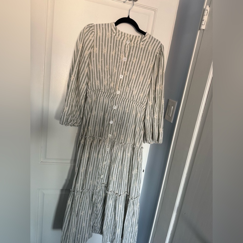 Striped Tiered Button-Front Midi Dress in Sage and White